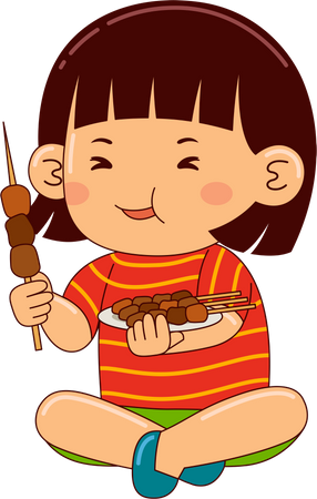 Menina comendo satay  Ilustração