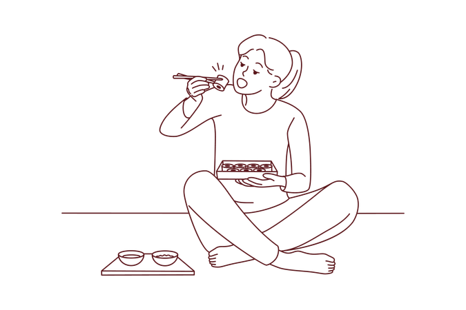 Garota comendo sushi da caixa de bento  Ilustração