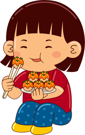 Menina comendo takoyaki  Ilustração