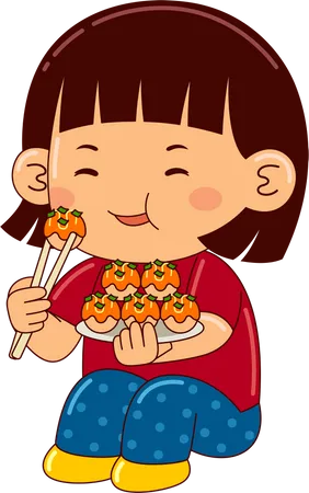 Menina comendo takoyaki  Ilustração