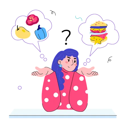 Garota tendo pensamentos sobre comida  Ilustração