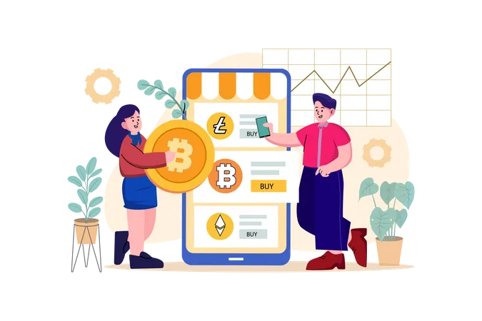 Garota comprando bitcoin na bolsa de criptomoedas  Ilustração