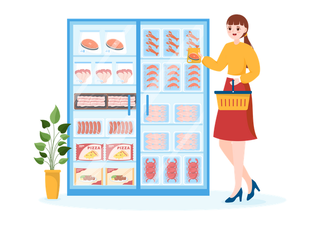 Garota comprando comida congelada  Ilustração