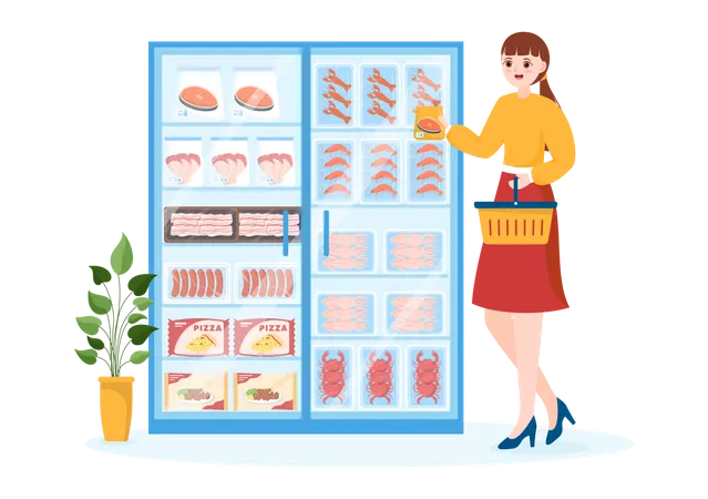 Garota comprando comida congelada  Ilustração