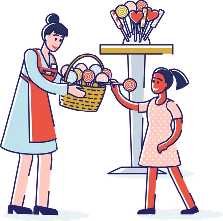 Garota comprando doces no palito da dona de uma loja de doces  Ilustração