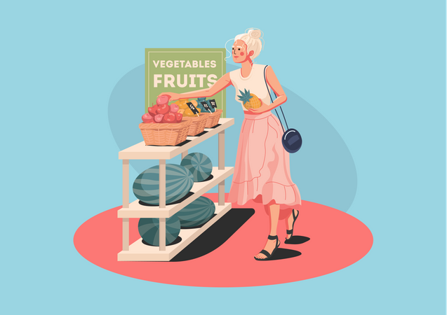 Garota comprando frutas na loja  Ilustração