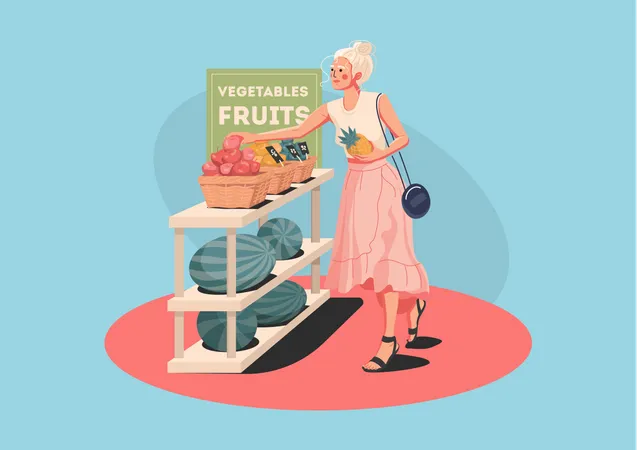 Garota comprando frutas na loja  Ilustração