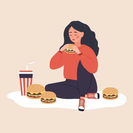 Garota consumindo muito fast food  Ilustração