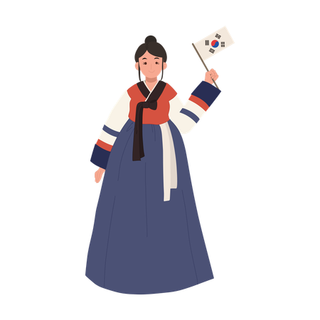 Feliz garota coreana usando hanbok com bandeira da Coreia do Sul  Ilustração