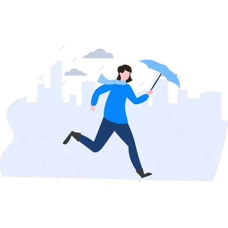 Menina correndo com guarda-chuva sob forte chuva  Ilustração