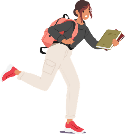 Menina correndo com mochila e pilha de livros nas mãos, atrasada para as aulas na faculdade  Ilustração