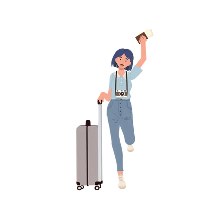 Garota correndo no aeroporto com bolsa e senha  Ilustração