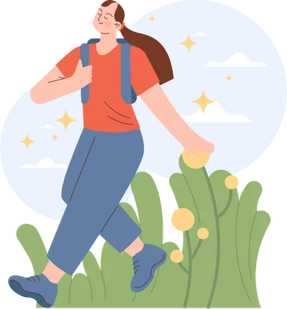 Garota correndo para uma aventura ao ar livre  Ilustração