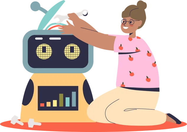 Garota cria robô usando ferramentas  Ilustração