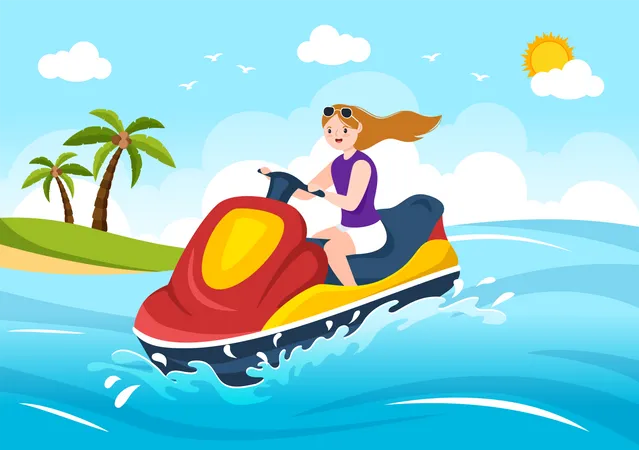 Garota gosta de andar de jet ski  Ilustração