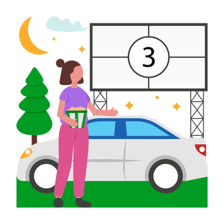 Garota curtindo o cinema drive-in  Ilustração