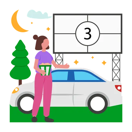 Garota curtindo o cinema drive-in  Ilustração