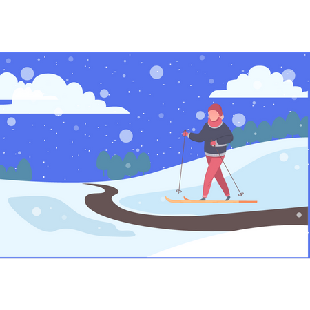 Garota gostando de esqui no gelo  Ilustração