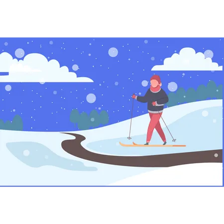 Garota gostando de esqui no gelo  Ilustração