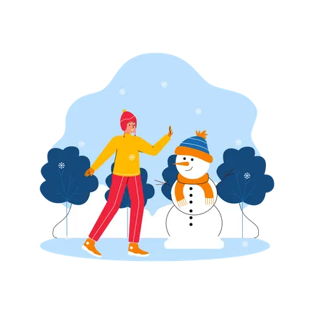 Garota aproveitando o inverno e brincando com boneco de neve  Ilustração