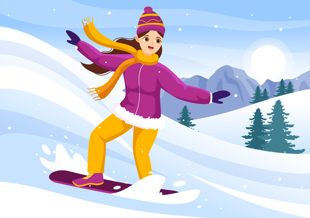 Garota curtindo snowboard  Ilustração