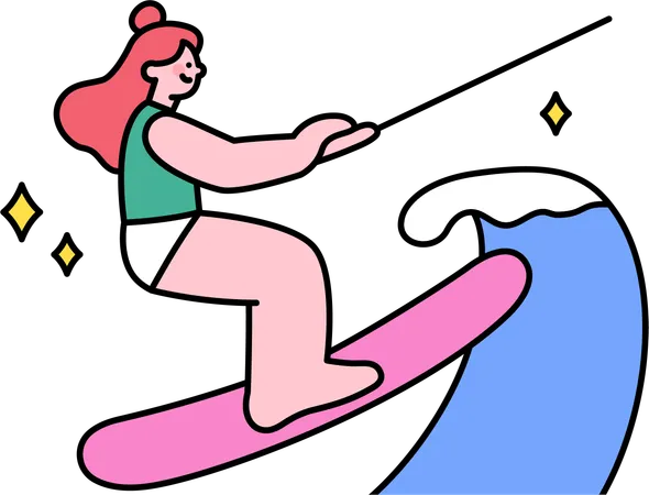 Garota gostando de surfar na praia  Ilustração