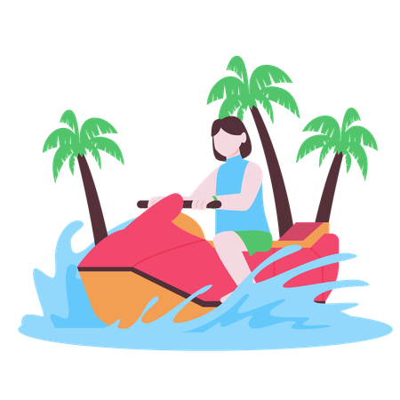 Garota aproveitando o passeio de jet ski  Ilustração