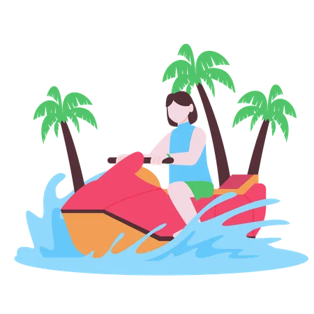 Garota aproveitando o passeio de jet ski  Ilustração