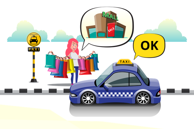 Garota de compras diz táxi para o destino do shopping no ponto de táxi na cidade  Ilustração