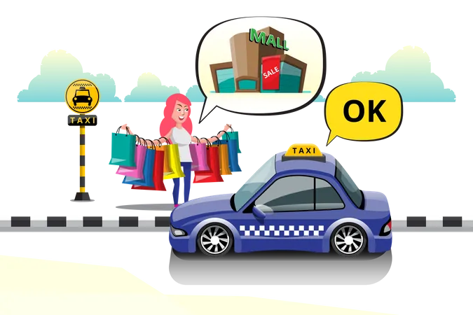 Garota de compras diz táxi para o destino do shopping no ponto de táxi na cidade  Ilustração