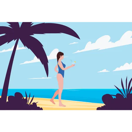 Uma Garota De Biquini Esta Se Divertindo Na Praia Ilustração