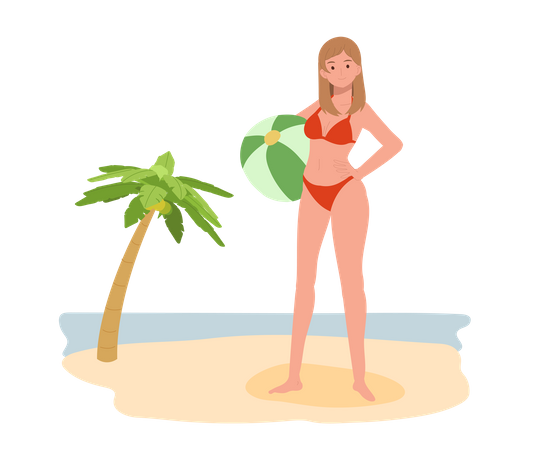 Garota de biquíni segurando uma bola de praia na praia  Ilustração