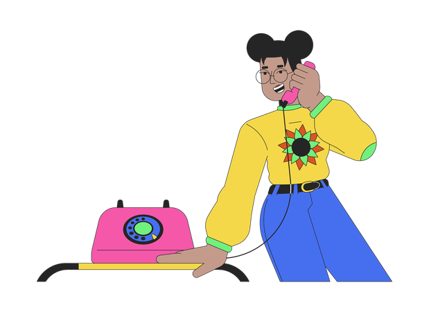 Garota de óculos pretos falando no receptor do telefone  Ilustração