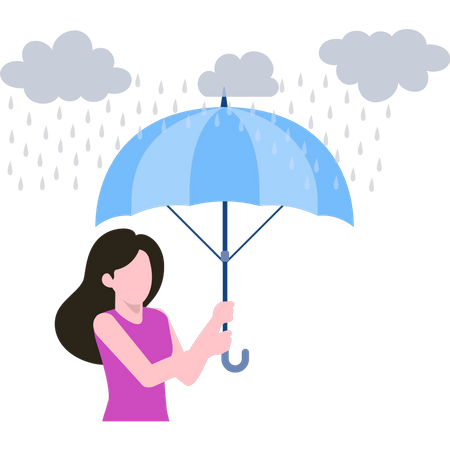 Menina em pé com guarda-chuva na chuva  Ilustração