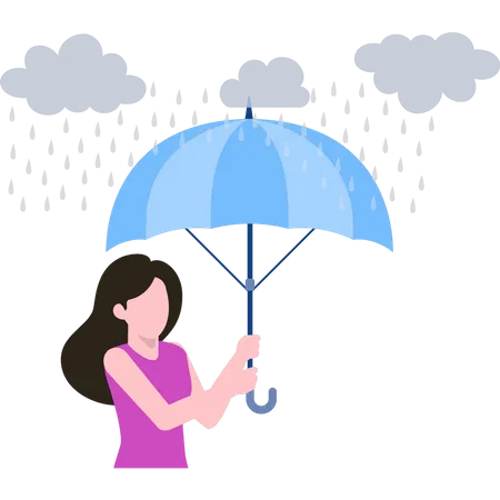 Menina em pé com guarda-chuva na chuva  Ilustração