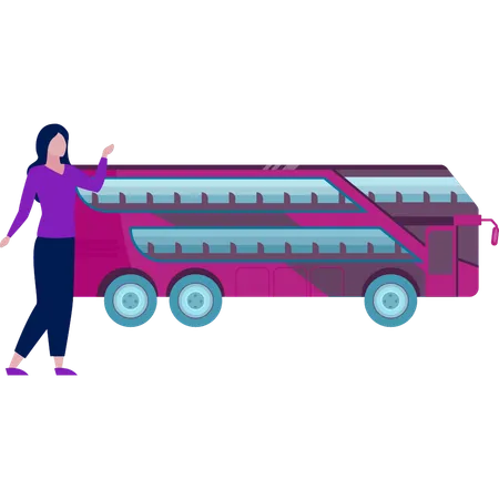 Garota em pé com ônibus duplo  Ilustração