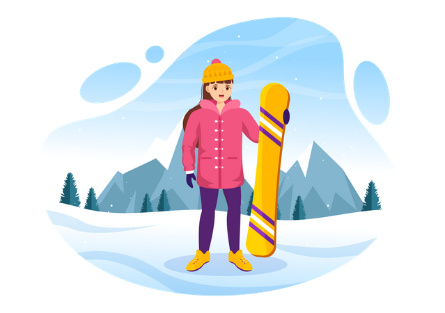 Garota em pé com snowboard  Ilustração