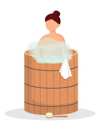 Menina de pé na banheira de madeira com água quente  Ilustração