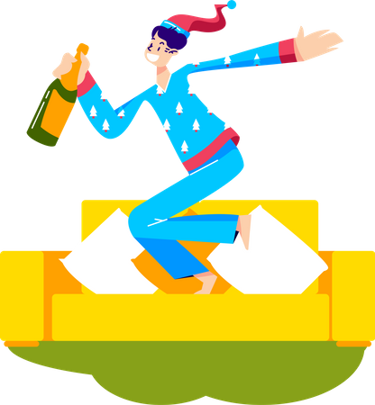 Garota de pijama bebendo champanhe em garrafa  Ilustração