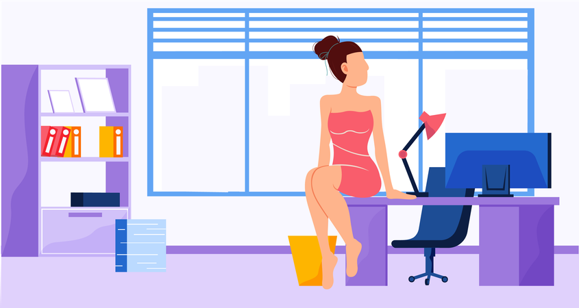 Menina de vestido rosa ou roupa de dormir sentada na mesa  Ilustração
