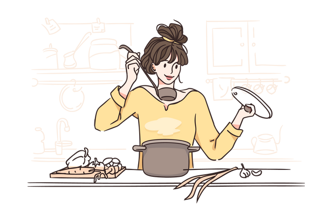 Menina provando comida enquanto cozinha  Ilustração