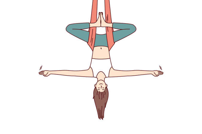 Menina deitada de cabeça para baixo enquanto faz exercício de pilates  Ilustração
