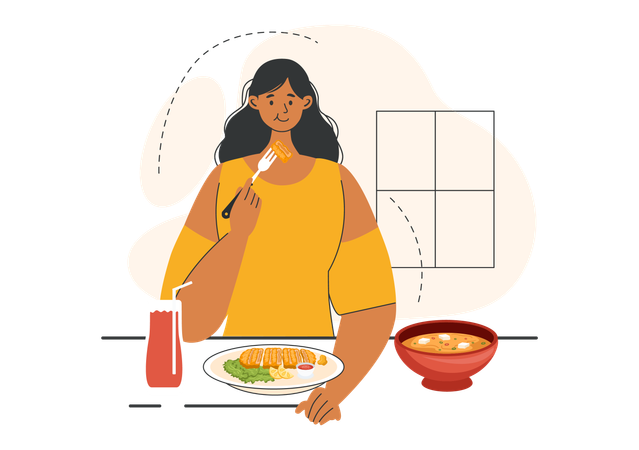 Menina desfrutando de comida em casa  Ilustração