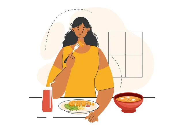 Menina desfrutando de comida em casa  Ilustração