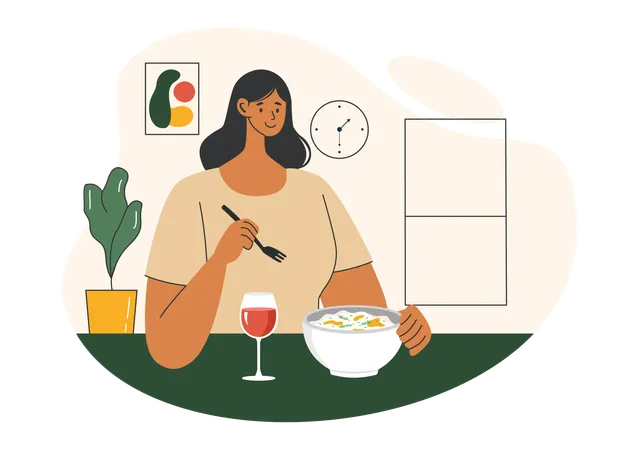 Menina desfrutando de comida em casa  Ilustração