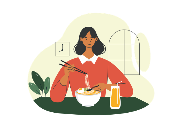 Menina desfrutando de comida em casa  Ilustração