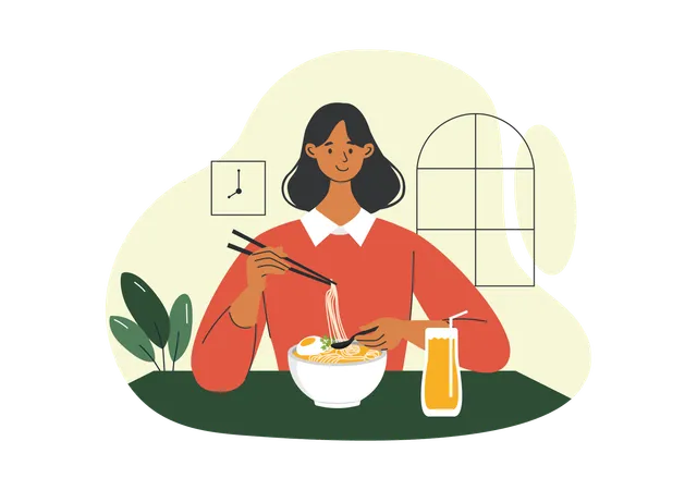 Menina desfrutando de comida em casa  Ilustração