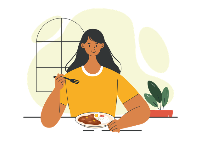 Menina desfrutando de comida em casa  Ilustração