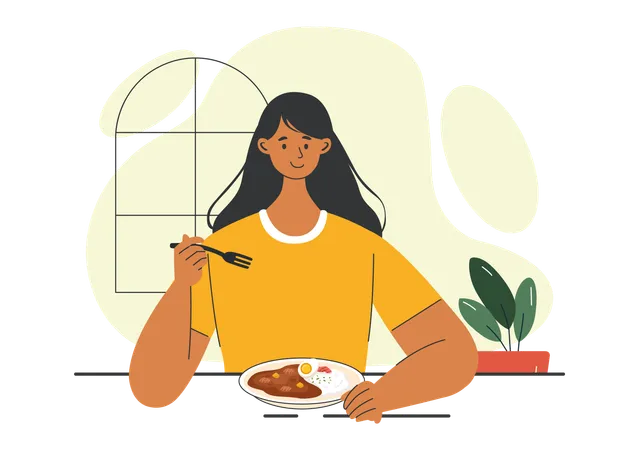 Menina desfrutando de comida em casa  Ilustração