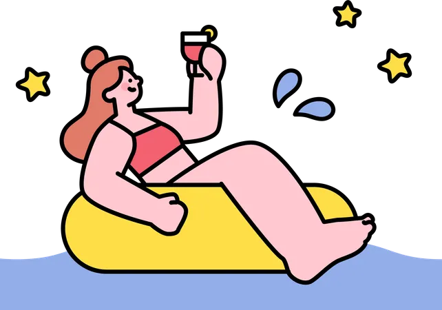 Garota aproveitando a bebida de verão na piscina  Ilustração